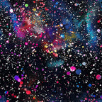 glitter paint splatter, cosmic nebula, galaxy pattern, bright pink, electric blue, magenta, turquoise, white dots, colorful circles, space theme, abstract art, modern design, vibrant colors, scattered droplets, celestial background,, fabric panel, artistic splashes, rainbow hues, contemporary style