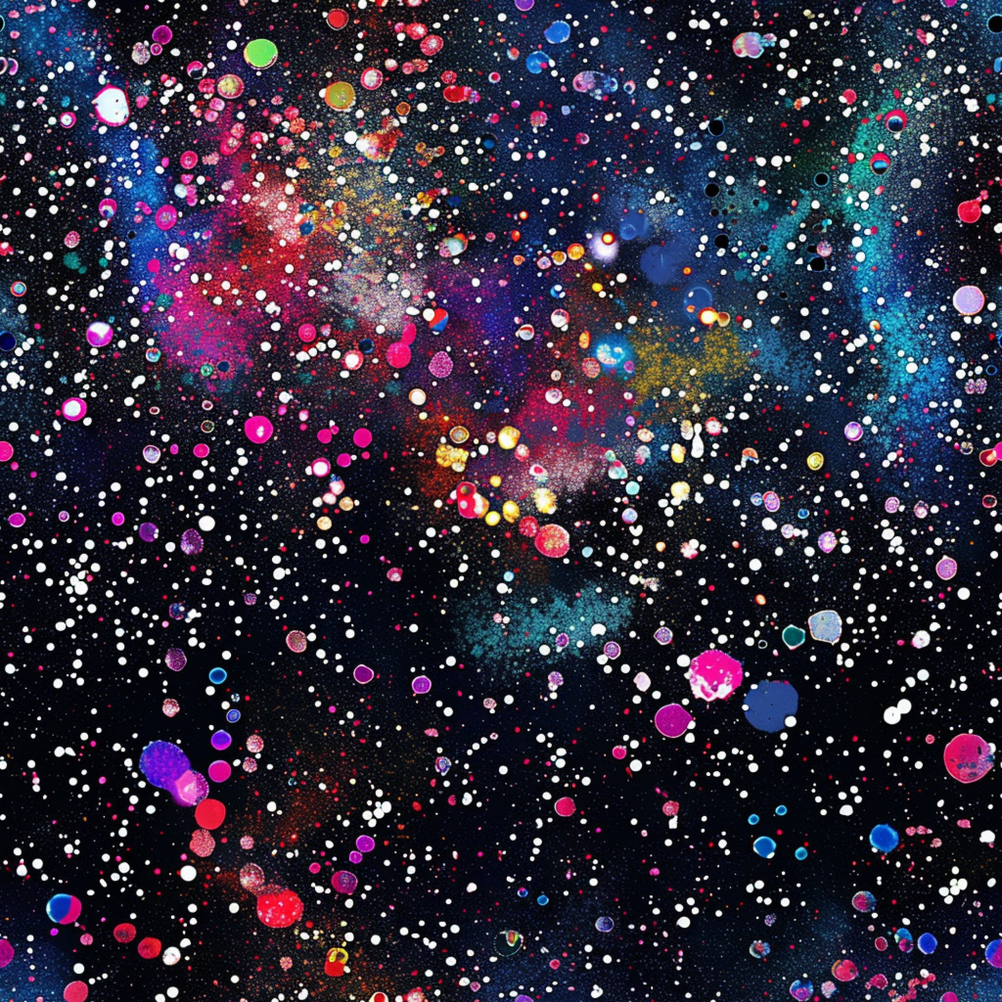 glitter paint splatter, cosmic nebula, galaxy pattern, bright pink, electric blue, magenta, turquoise, white dots, colorful circles, space theme, abstract art, modern design, vibrant colors, scattered droplets, celestial background,, fabric panel, artistic splashes, rainbow hues, contemporary style