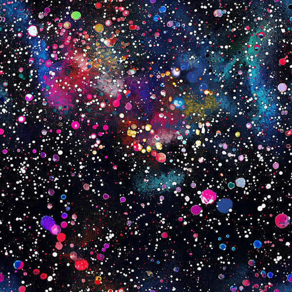 glitter paint splatter, cosmic nebula, galaxy pattern, bright pink, electric blue, magenta, turquoise, white dots, colorful circles, space theme, abstract art, modern design, vibrant colors, scattered droplets, celestial background,, fabric panel, artistic splashes, rainbow hues, contemporary style