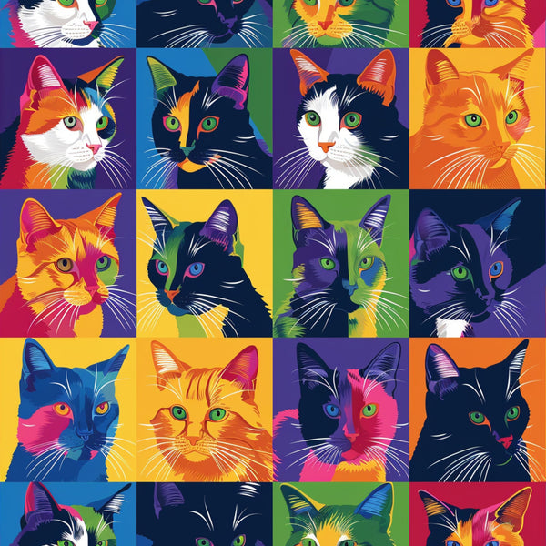 cat faces, pop art style, vibrant colors, patchwork squares, quilting panel, cotton fabric, feline portraits, bright orange, electric blue, hot pink, lime green, purple, yellow, rainbow colors, colorful whiskers, green eyes, multi-colored cats, geometric grid, artistic cats, modern design