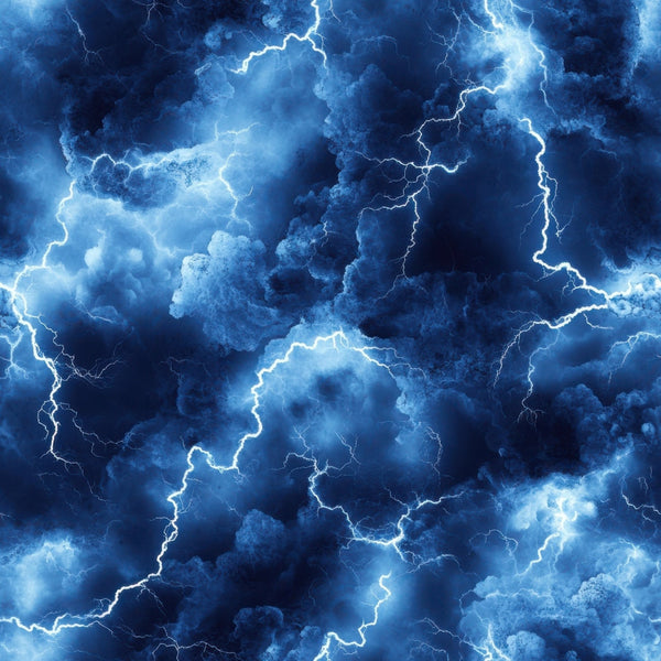navy blue, electric blue, white, lightning bolts, thunderstorm, storm clouds, dramatic sky, weather pattern,, fabric panel, stormy atmosphere, electric energy, jagged lightning, cloudy texture, meteorological, nature elements, tempest design, atmospheric, electrical discharge