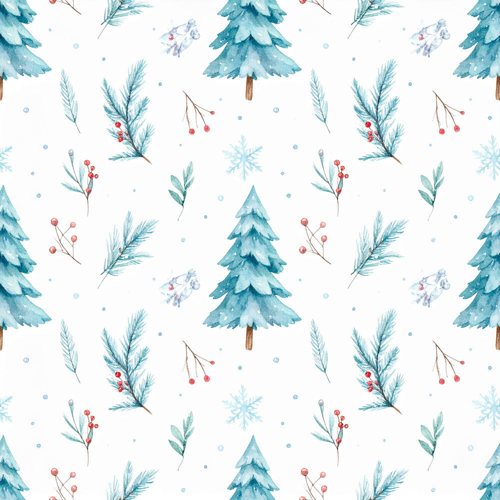 turquoise, teal, aqua blue, soft blue, cream, white, red berries, coral red, winter, christmas, holiday, snow, snowflakes, evergreen trees, pine trees, festive, nature, woodland, forest, whimsical, magical, cozy, elegant, traditional, winter botanical, spruce branches, holly berries, snowy landscape, seasonal, children's