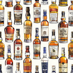 amber, golden yellow, brown, cream, beige, whiskey bottles, scottish whisky, alcohol bottles, vintage labels, glass bottles, repeating pattern, illustration style,, fabric panel, beverage theme, distillery motif, bottle collection, warm tones, realistic artwork, premium spirits