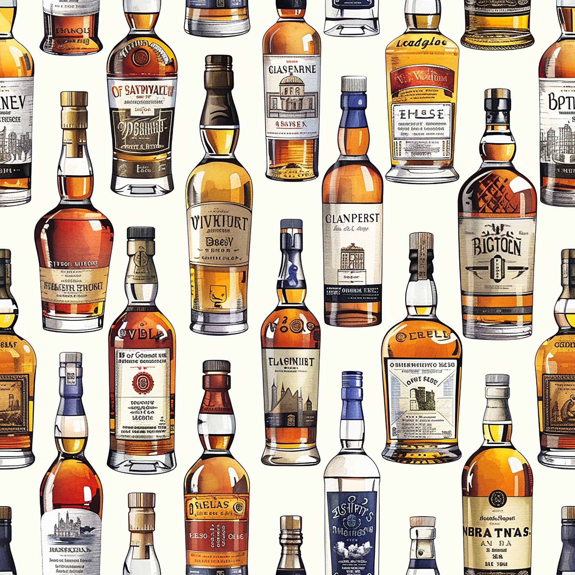 amber, golden yellow, brown, cream, beige, whiskey bottles, scottish whisky, alcohol bottles, vintage labels, glass bottles, repeating pattern, illustration style,, fabric panel, beverage theme, distillery motif, bottle collection, warm tones, realistic artwork, premium spirits