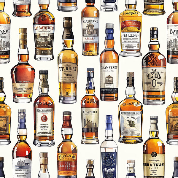 amber, golden yellow, brown, cream, beige, whiskey bottles, scottish whisky, alcohol bottles, vintage labels, glass bottles, repeating pattern, illustration style,, fabric panel, beverage theme, distillery motif, bottle collection, warm tones, realistic artwork, premium spirits