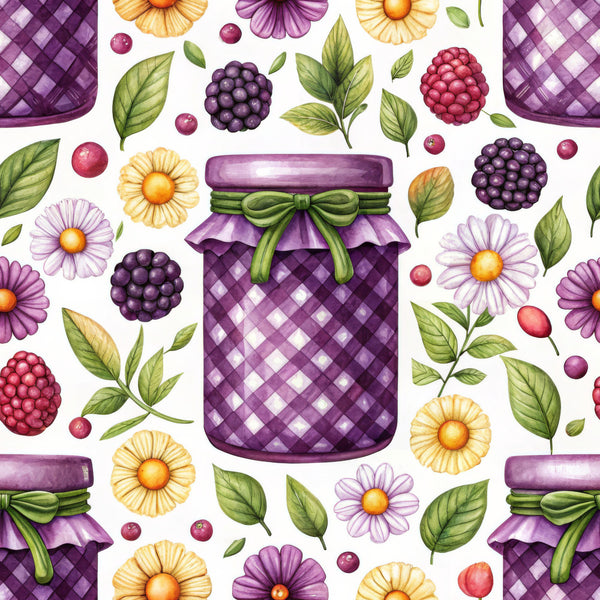 purple, yellow, cream white, burgundy red, forest green, sage green, floral, daisy, blackberry, raspberry, berry, geometric, argyle pattern, plaid, nature, garden, botanical, whimsical, cottage core, farmhouse, vintage, elegant, spring, summer, flowers, berries, leaves, jam jar, preserves, nature-inspired