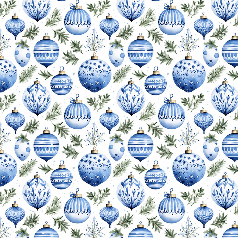 sky blue, navy blue, white, gold accents, ornament pattern, striped, geometric, holiday, christmas, winter, festive, evergreen, botanical, floral elements, elegant, traditional, vintage, whimsical, decorative baubles, tree branches, seasonal, festive decor, timeless, classic, sophisticated, nursery, kids room, baby gift, winter theme, blue and white