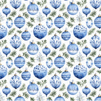 sky blue, navy blue, white, gold accents, ornament pattern, striped, geometric, holiday, christmas, winter, festive, evergreen, botanical, floral elements, elegant, traditional, vintage, whimsical, decorative baubles, tree branches, seasonal, festive decor, timeless, classic, sophisticated, nursery, kids room, baby gift, winter theme, blue and white