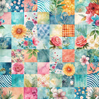 spring flowers, patchwork squares,, fabric panel, watercolor style, floral motifs, coral pink, turquoise blue, sage green, peach orange, roses, daisies, sunflowers, botanical elements, geometric patterns, striped accents, dotted textures, soft pastels, mixed media design, nature inspired