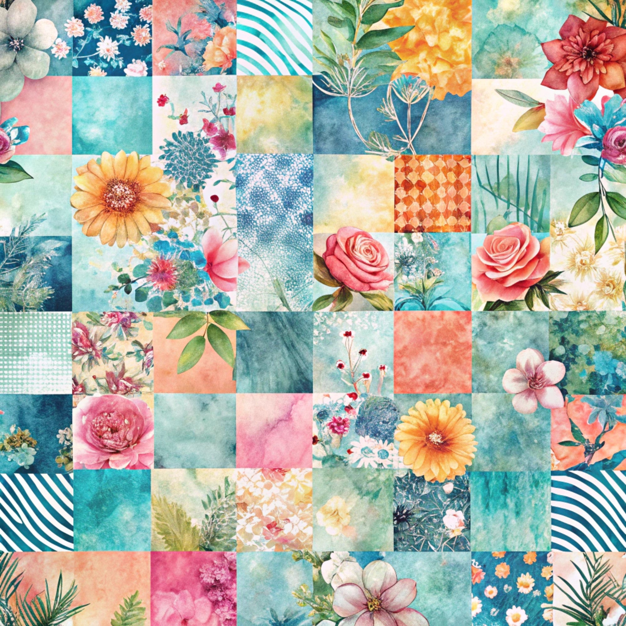 spring flowers, patchwork squares,, fabric panel, watercolor style, floral motifs, coral pink, turquoise blue, sage green, peach orange, roses, daisies, sunflowers, botanical elements, geometric patterns, striped accents, dotted textures, soft pastels, mixed media design, nature inspired