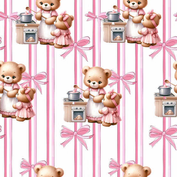 pink, baby teddy bears, striped background, cooking theme, kitchen stove, aprons, bows, ribbons,, fabric panel, cute characters, pastel colors, white stripes, kawaii style, nursery theme, soft colors, repeating pattern, whimsical design, childlike illustration