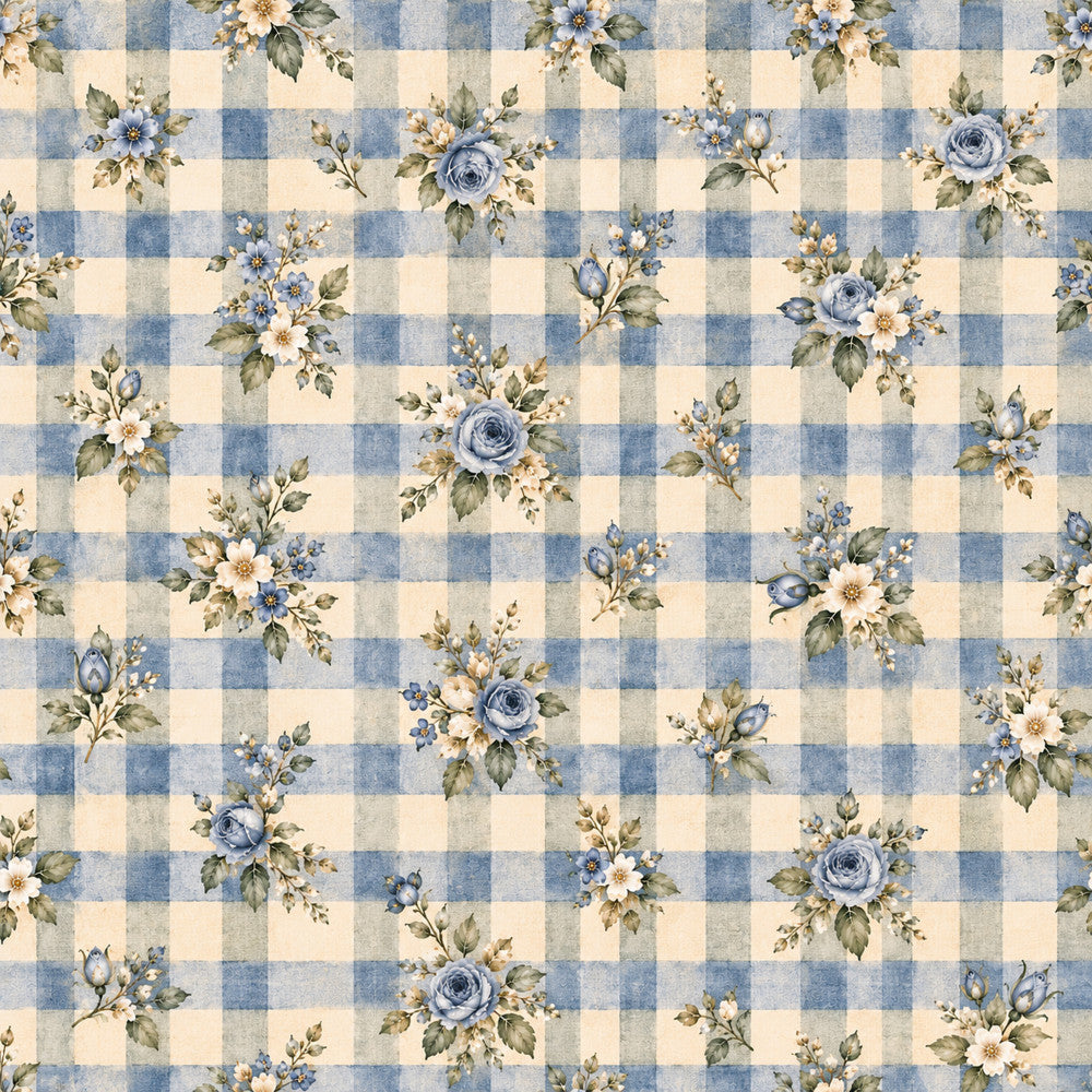 blue and cream gingham, floral print, vintage floral, blue roses, cream roses, gingham check, countryside, farmhouse style, cottage core, traditional, elegant, romantic, pastoral, spring, summer, garden flowers, botanical, small florals, delicate flowers, cream background, dusty blue, sage green, country style, timeless, classic pattern, gingham plaid, mixed florals, english garden, shabby chic