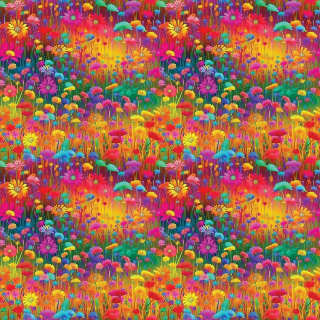 vibrant flowers, wildflower meadow, rainbow colors, pink blooms, yellow daisies, purple flowers, orange petals, red blossoms, blue flowers, green stems, floral field, botanical pattern, bright saturated colors, psychedelic style, repeating pattern,, fabric panel, spring garden, cheerful mood, densely packed florals