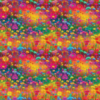 vibrant flowers, wildflower meadow, rainbow colors, pink blooms, yellow daisies, purple flowers, orange petals, red blossoms, blue flowers, green stems, floral field, botanical pattern, bright saturated colors, psychedelic style, repeating pattern,, fabric panel, spring garden, cheerful mood, densely packed florals