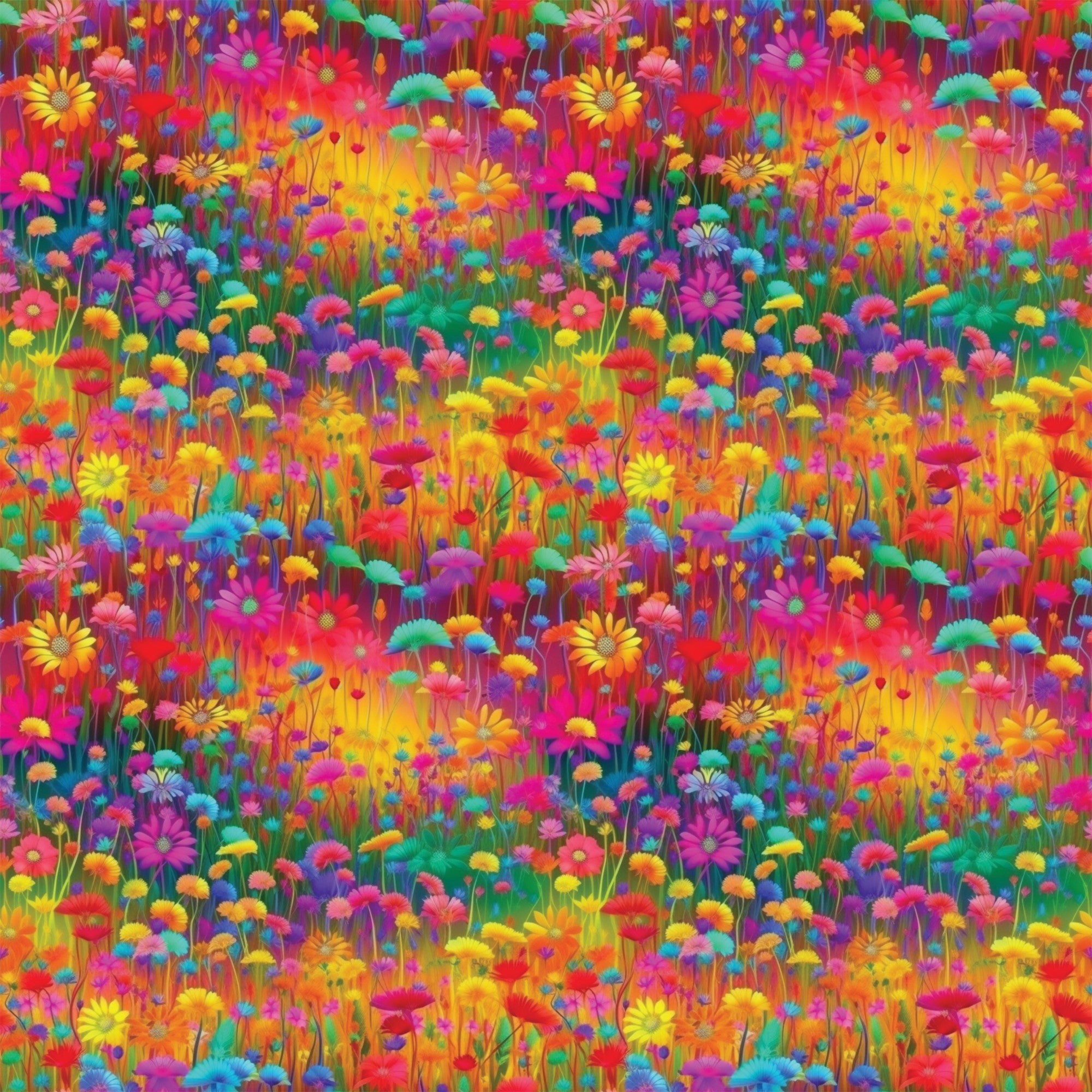 vibrant flowers, wildflower meadow, rainbow colors, pink blooms, yellow daisies, purple flowers, orange petals, red blossoms, blue flowers, green stems, floral field, botanical pattern, bright saturated colors, psychedelic style, repeating pattern,, fabric panel, spring garden, cheerful mood, densely packed florals