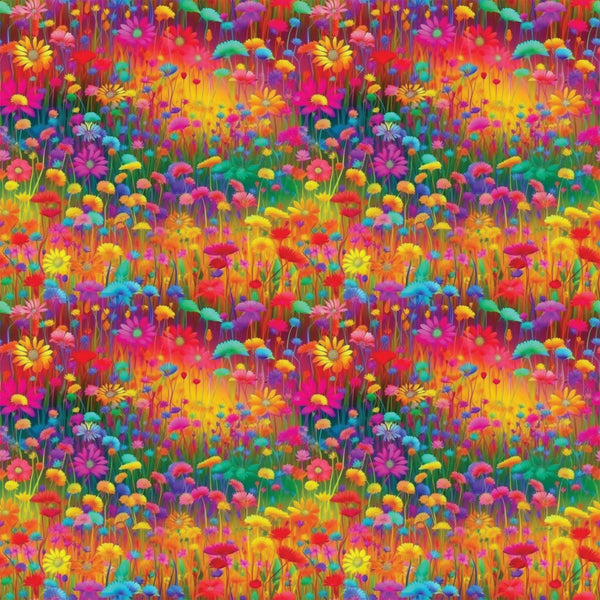 vibrant flowers, wildflower meadow, rainbow colors, pink blooms, yellow daisies, purple flowers, orange petals, red blossoms, blue flowers, green stems, floral field, botanical pattern, bright saturated colors, psychedelic style, repeating pattern,, fabric panel, spring garden, cheerful mood, densely packed florals