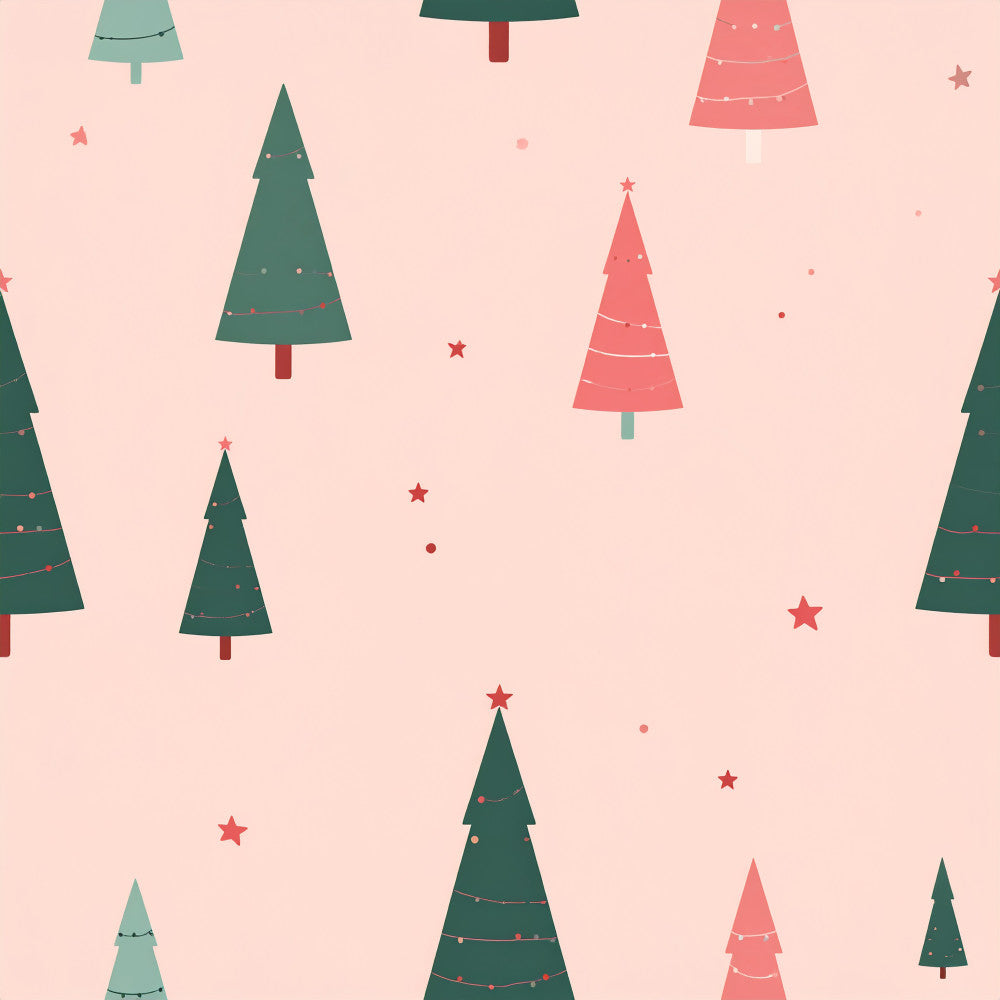 forest green, coral pink, blush pink, teal, christmas trees, stars, holiday, festive, geometric, modern, whimsical, playful, children's, kids room, nursery, baby, winter, christmas, garland lights, tree ornaments, pattern repeat, seasonal, cute, fun, vibrant, soft pastel, decorative, festive design
