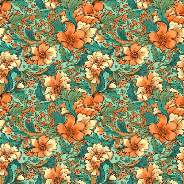 turquoise, coral orange, cream, sage green, teal, burnt orange, peach, floral, vintage, botanical, nature, elegant, traditional, whimsical, flowers, leaves, decorative, spring, summer, garden, daisy, ornate, romantic, cottage core, retro, detailed, vibrant, warm tones, cool tones, nursery
