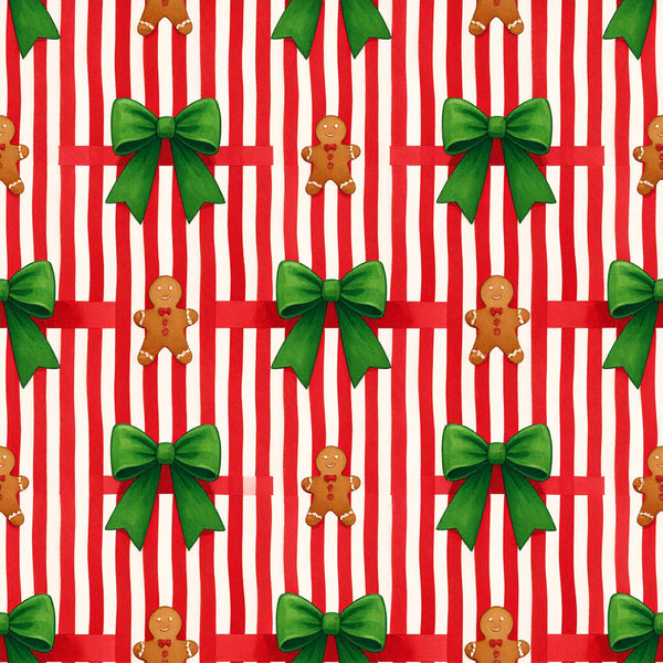 christmas, holiday, gingerbread men, green bows, red and white striped, festive, whimsical, traditional, candy cane stripe, gingerbread, bows, seasonal, winter, playroom, kids room, nursery, red striped, classic christmas, cheerful, jolly, decorative, children's, family friendly, vintage christmas, nostalgic, peppermint candy theme, christmas decor, holiday cheer