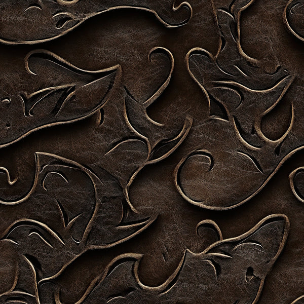 dark brown, chocolate brown, leather texture, embossed pattern, floral scrollwork, ornate swirls, western motifs,, fabric panel, raised relief, tooled leather look, decorative flourishes, vintage style, rustic design, dimensional texture, cowboy theme, saddle leather, carved appearance, western decor