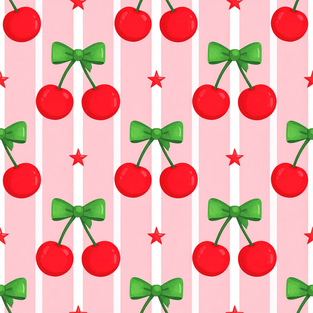 cherry red, bright red, kelly green, lime green, white, pink, candy pink, pastel pink, cherries, green bows, ribbons, red stars, striped, vertical stripes, holiday, christmas, festive, whimsical, playful, vintage, retro, sweet, cute, nursery, kids room, baby, toddler, children's, cheerful, spring