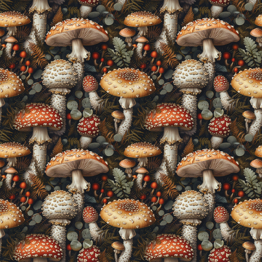 retro mushrooms, botanical pattern,, fabric panel, red toadstools, orange mushrooms, white spotted caps, forest floor, ferns, berries, eucalyptus leaves, vintage illustration, earthy tones, woodland theme, repeating pattern, autumn colors, nature motifs, whimsical design, dark background, detailed artwork