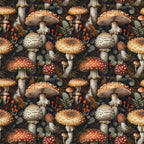 retro mushrooms, botanical pattern,, fabric panel, red toadstools, orange mushrooms, white spotted caps, forest floor, ferns, berries, eucalyptus leaves, vintage illustration, earthy tones, woodland theme, repeating pattern, autumn colors, nature motifs, whimsical design, dark background, detailed artwork