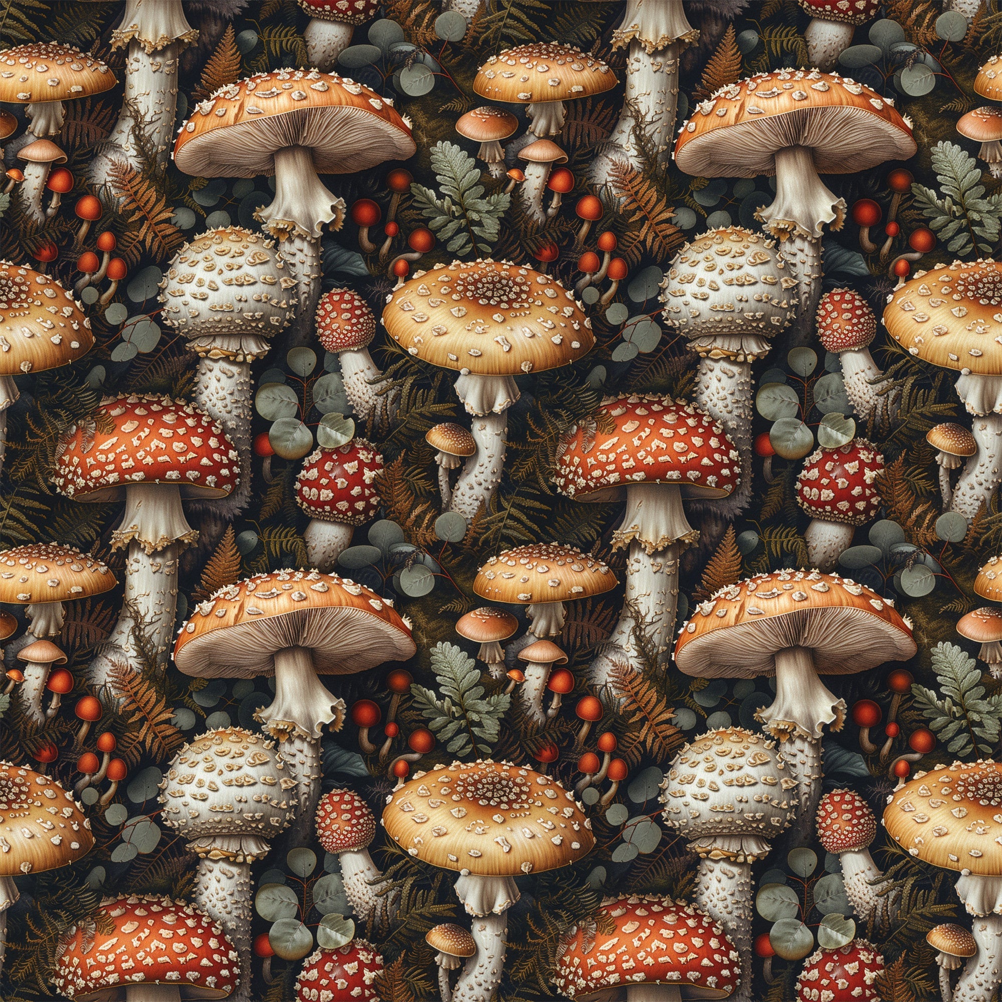 retro mushrooms, botanical pattern,, fabric panel, red toadstools, orange mushrooms, white spotted caps, forest floor, ferns, berries, eucalyptus leaves, vintage illustration, earthy tones, woodland theme, repeating pattern, autumn colors, nature motifs, whimsical design, dark background, detailed artwork