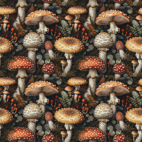 retro mushrooms, botanical pattern,, fabric panel, red toadstools, orange mushrooms, white spotted caps, forest floor, ferns, berries, eucalyptus leaves, vintage illustration, earthy tones, woodland theme, repeating pattern, autumn colors, nature motifs, whimsical design, dark background, detailed artwork