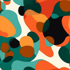 teal, forest green, burnt orange, coral orange, golden yellow, cream, black, abstract, geometric, modern, contemporary, boho, bohemian, organic shapes, flowing patterns, circles, curved shapes, wavy lines, playful, vibrant, colorful, mid-century modern, retro, artistic, whimsical, kids room, playroom, nursery