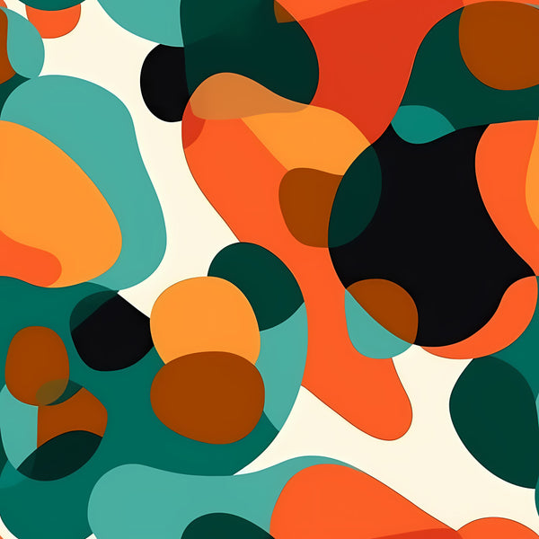 teal, forest green, burnt orange, coral orange, golden yellow, cream, black, abstract, geometric, modern, contemporary, boho, bohemian, organic shapes, flowing patterns, circles, curved shapes, wavy lines, playful, vibrant, colorful, mid-century modern, retro, artistic, whimsical, kids room, playroom, nursery