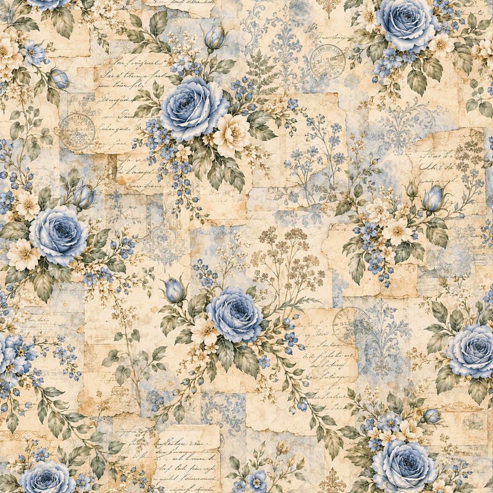 vintage blue rose, dusty blue, cream, beige, sage green, floral, roses, botanical, vintage, shabby chic, cottage core, elegant, romantic, damask, script text, postal stamps, antique letters, garden, nature, spring, timeless, traditional, delicate, soft, nostalgic, french country, heirloom, classic, baby shower, nursery
