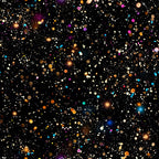 glitter, paint splatter, multicolored dots, black background, cosmic pattern, starfield design, colorful circles, abstract dots, space theme, celestial pattern,, fabric panel, scattered orbs, rainbow colors, gold accents, purple highlights, blue sparkles, orange glows, white stars, contemporary design