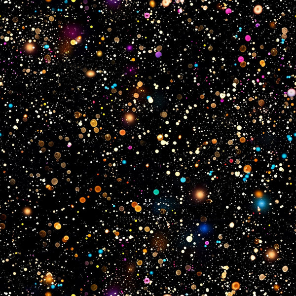 glitter, paint splatter, multicolored dots, black background, cosmic pattern, starfield design, colorful circles, abstract dots, space theme, celestial pattern,, fabric panel, scattered orbs, rainbow colors, gold accents, purple highlights, blue sparkles, orange glows, white stars, contemporary design