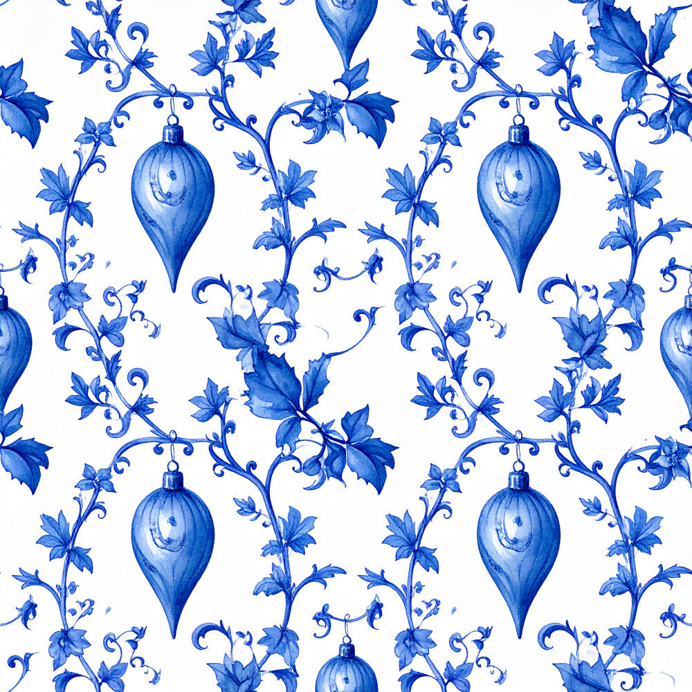 cobalt blue, royal blue, delft blue, white, floral, botanical, ornamental, scrolls, curling vines, teardrops, hanging ornaments, baroque, victorian, elegant, classic, sophisticated, vintage, traditional, spring, garden, nature, decorative, ornate, damask-inspired, romantic, formal, blue and white, leaves, blossoms, small flowers