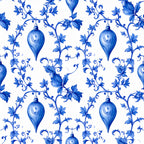 cobalt blue, royal blue, delft blue, white, floral, botanical, ornamental, scrolls, curling vines, teardrops, hanging ornaments, baroque, victorian, elegant, classic, sophisticated, vintage, traditional, spring, garden, nature, decorative, ornate, damask-inspired, romantic, formal, blue and white, leaves, blossoms, small flowers
