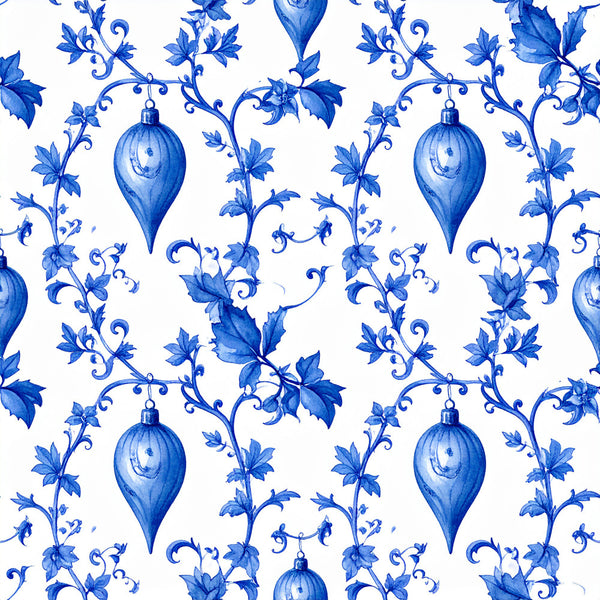 cobalt blue, royal blue, delft blue, white, floral, botanical, ornamental, scrolls, curling vines, teardrops, hanging ornaments, baroque, victorian, elegant, classic, sophisticated, vintage, traditional, spring, garden, nature, decorative, ornate, damask-inspired, romantic, formal, blue and white, leaves, blossoms, small flowers