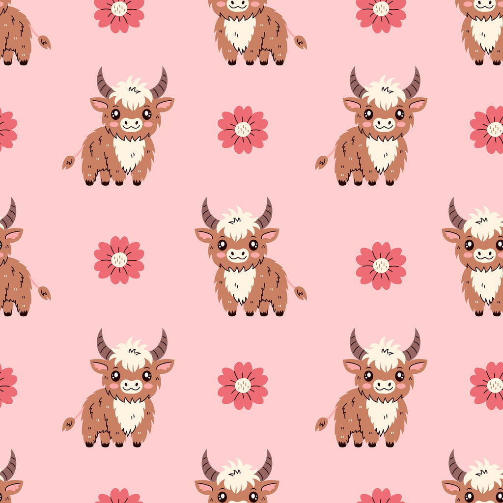 cute baby highland cows, pink background, coral flowers, brown furry cattle, horned animals, kawaii style, repeating pattern,, fabric panel, adorable characters, soft pink, warm brown, cream accents, cheerful mood, nursery theme, farm animals, whimsical design, children's fabric, craft material