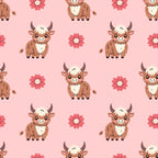 cute baby highland cows, pink background, coral flowers, brown furry cattle, horned animals, kawaii style, repeating pattern,, fabric panel, adorable characters, soft pink, warm brown, cream accents, cheerful mood, nursery theme, farm animals, whimsical design, children's fabric, craft material
