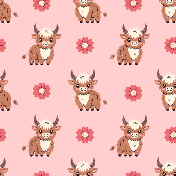 cute baby highland cows, pink background, coral flowers, brown furry cattle, horned animals, kawaii style, repeating pattern,, fabric panel, adorable characters, soft pink, warm brown, cream accents, cheerful mood, nursery theme, farm animals, whimsical design, children's fabric, craft material