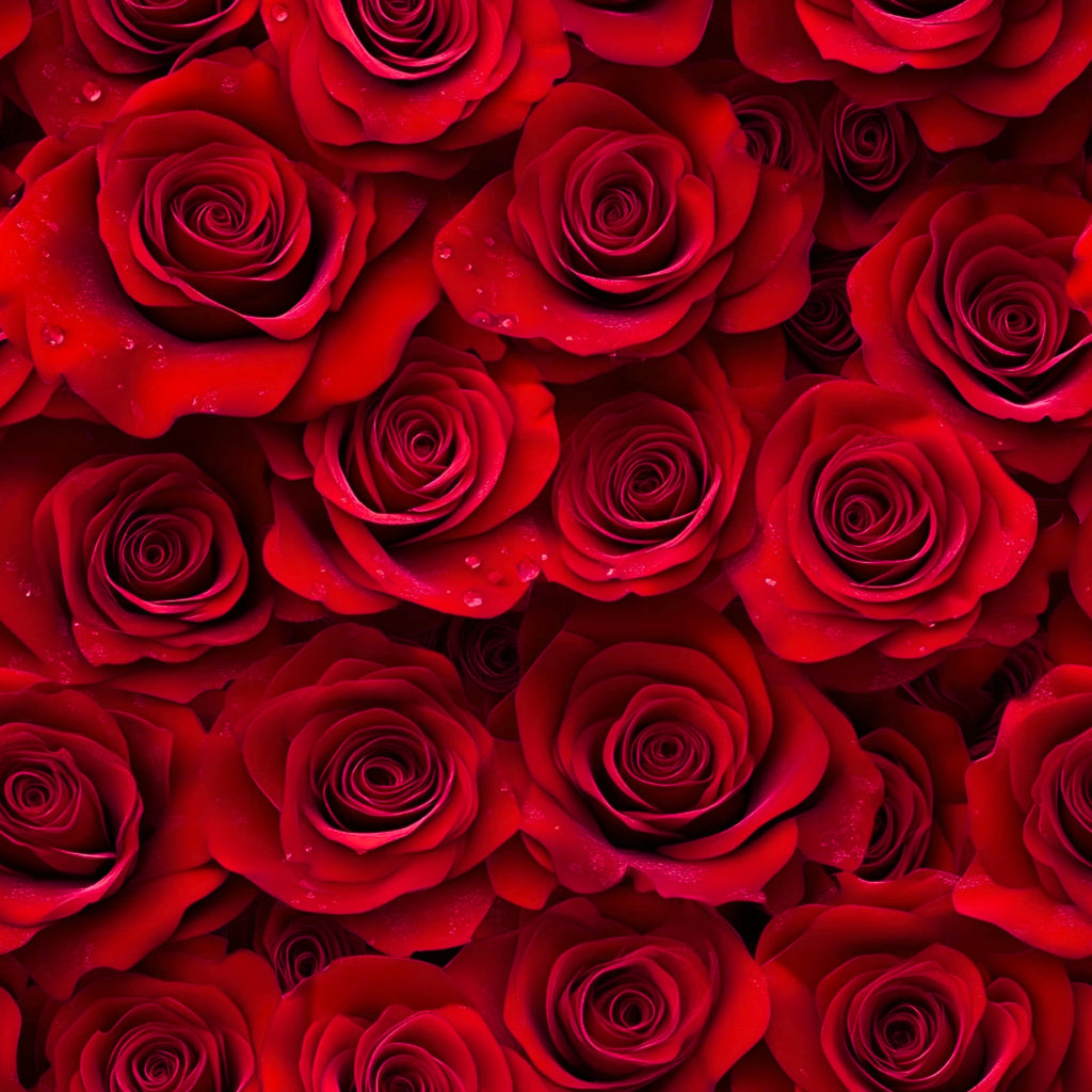 deep red, crimson, burgundy, realistic roses, floral pattern, rose blooms, layered petals, water droplets, romantic flowers, dense arrangement, botanical design,, fabric panel, valentine theme, love motif, rich textures, photorealistic style, seamless pattern, romantic mood, flower photography