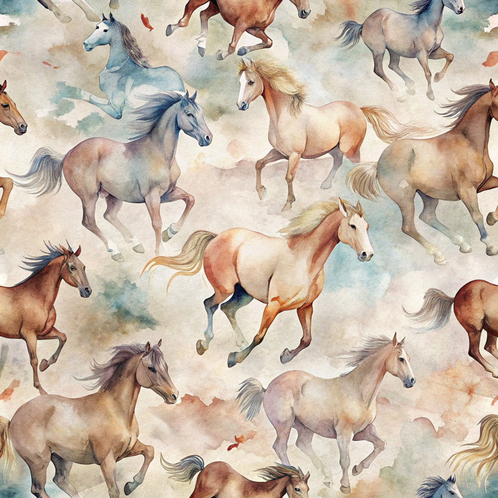 wild horses, galloping horses, watercolor style, brown horses, chestnut horses, gray horses, blonde manes, flowing manes, equestrian theme, horse pattern,, fabric panel, soft pastels, earth tones, beige background, cream tones, rustic colors, western theme, animal print, seamless pattern