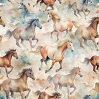 wild horses, galloping horses, watercolor style, brown horses, chestnut horses, gray horses, blonde manes, flowing manes, equestrian theme, horse pattern,, fabric panel, soft pastels, earth tones, beige background, cream tones, rustic colors, western theme, animal print, seamless pattern