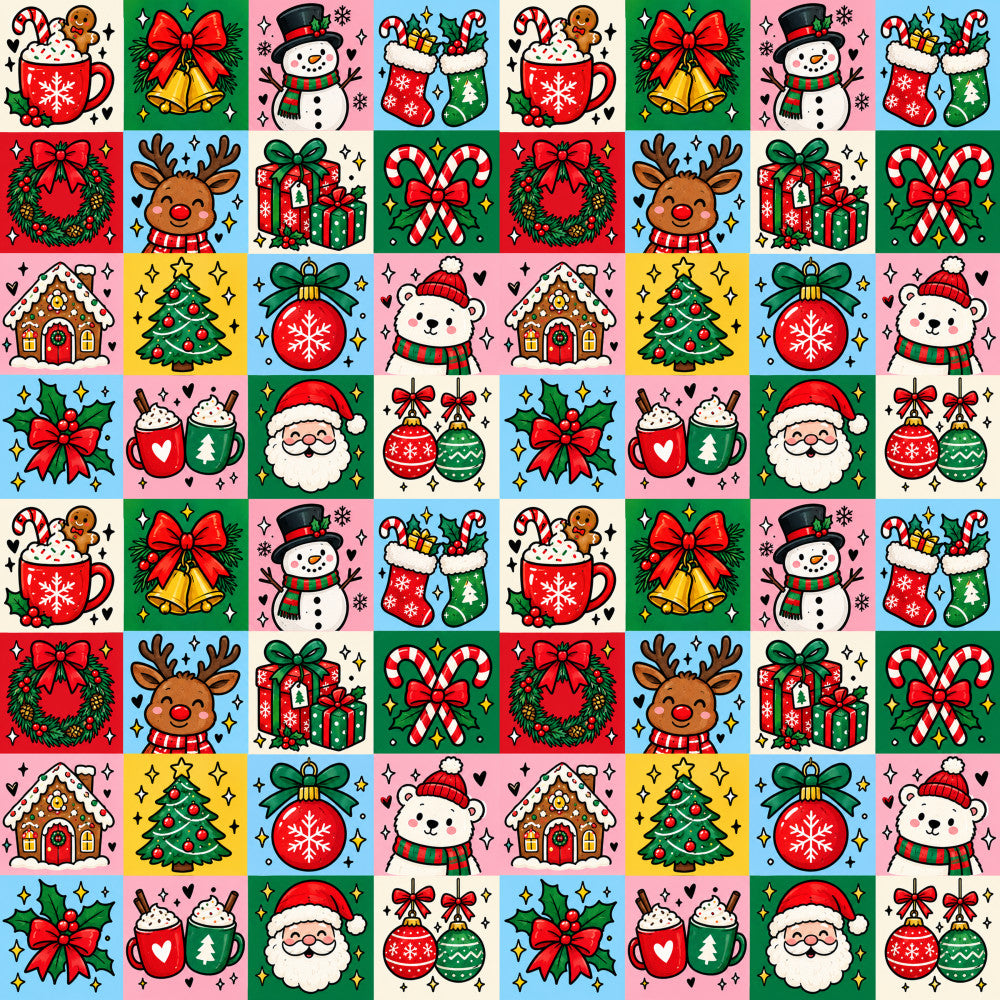 christmas, holiday, festive, red, green, cream, pink, yellow, blue, gold, candy cane, gingerbread, snowman, reindeer, santa, ornament, wreath, bells, hot chocolate, cocoa mug, gingerbread house, christmas tree, candy canes, red bow, holly, whimsical, playful, cheerful, kids, children