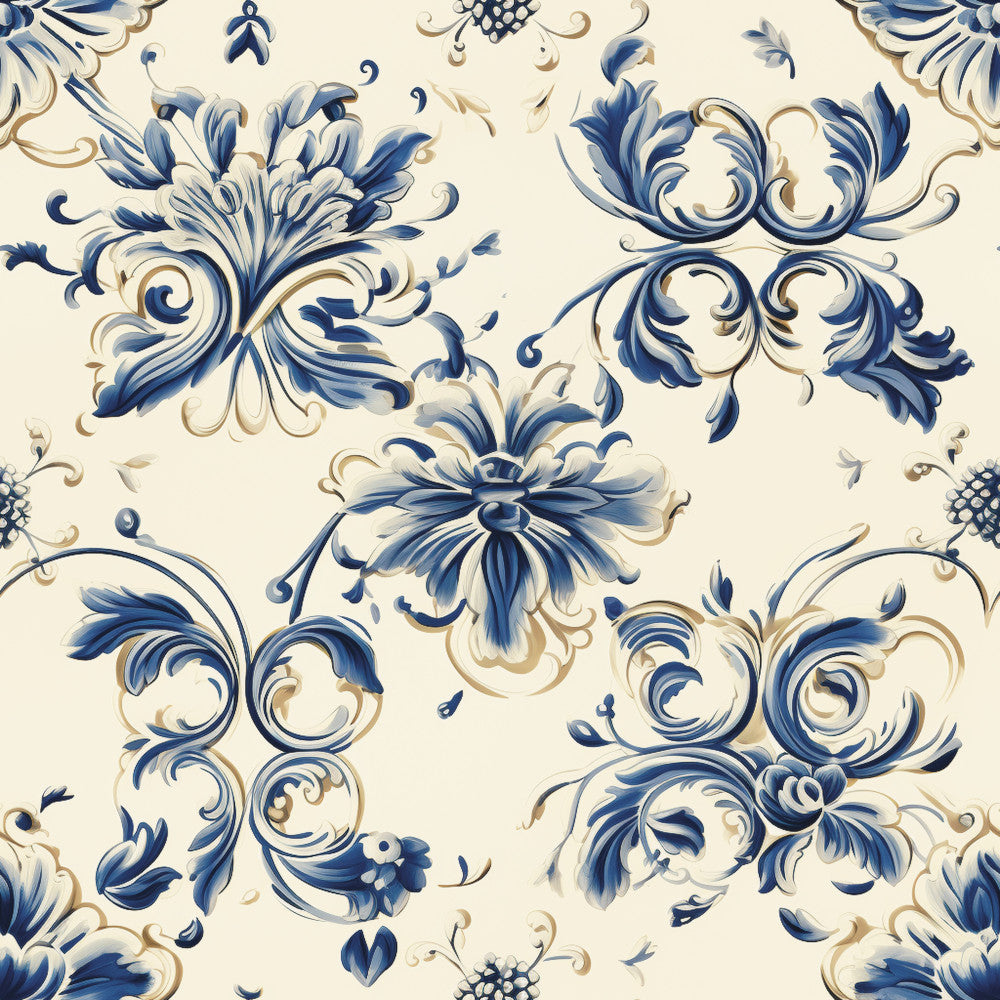 navy blue, cream, beige, tan, cobalt blue, floral, damask, ornamental, scrolls, baroque, acanthus leaves, classical, elegant, traditional, vintage, botanical, decorative, ornate, whimsical, romantic, country, spring, timeless, sophisticated, detailed, multi-color, blue and white, heritage, heirloom, delicate