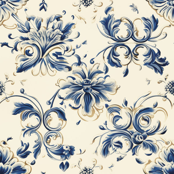 navy blue, cream, beige, tan, cobalt blue, floral, damask, ornamental, scrolls, baroque, acanthus leaves, classical, elegant, traditional, vintage, botanical, decorative, ornate, whimsical, romantic, country, spring, timeless, sophisticated, detailed, multi-color, blue and white, heritage, heirloom, delicate