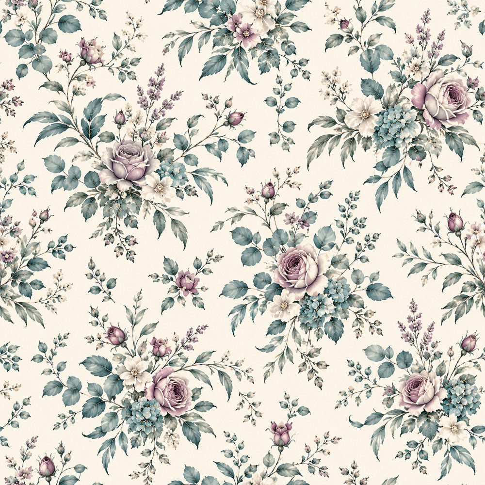 mauve rose, dusty purple, sage green, teal, cream, soft pink, floral, vintage floral, romantic, garden flowers, roses, delicate flowers, botanical, nature, elegant, traditional, spring, summer, cottage core, shabby chic, classic, timeless, lavender accents, small florals, dense floral pattern, ornamental leaves, baby girl, nursery, soft and sweet, feminine