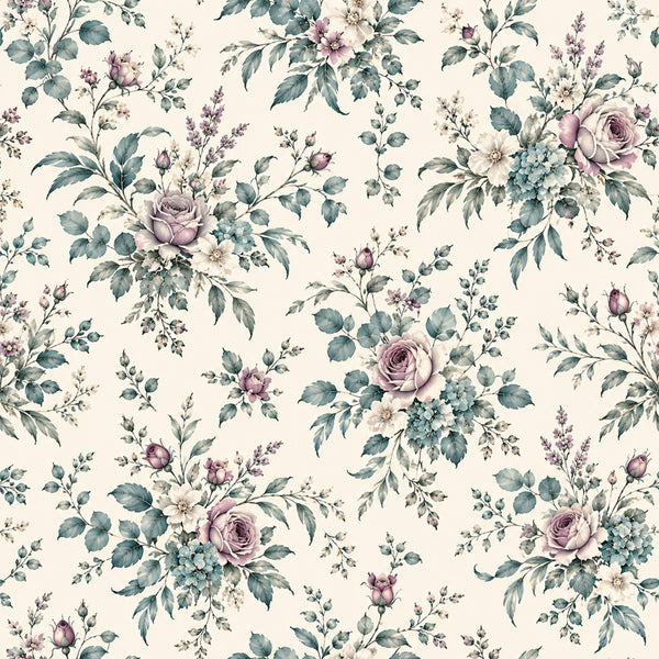mauve rose, dusty purple, sage green, teal, cream, soft pink, floral, vintage floral, romantic, garden flowers, roses, delicate flowers, botanical, nature, elegant, traditional, spring, summer, cottage core, shabby chic, classic, timeless, lavender accents, small florals, dense floral pattern, ornamental leaves, baby girl, nursery, soft and sweet, feminine