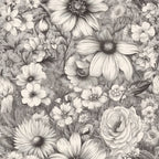 grayscale, black and white, monochrome, cream, ivory, light gray, dark gray, floral, botanical, daisy, rose, peony, wildflower, garden flowers, nature, vintage, traditional, elegant, romantic, detailed, realistic, botanical illustration, classic, timeless, spring, summer, nursery, bedroom, home decor, feminine