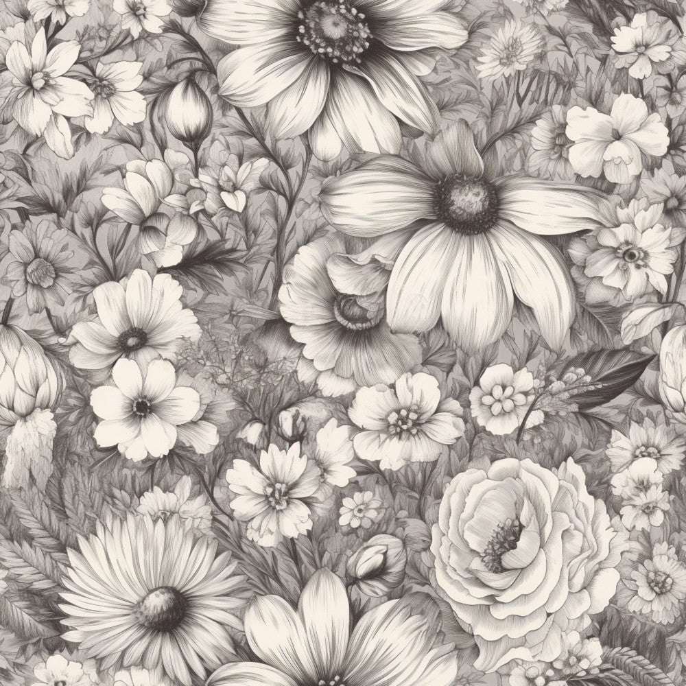 grayscale, black and white, monochrome, cream, ivory, light gray, dark gray, floral, botanical, daisy, rose, peony, wildflower, garden flowers, nature, vintage, traditional, elegant, romantic, detailed, realistic, botanical illustration, classic, timeless, spring, summer, nursery, bedroom, home decor, feminine